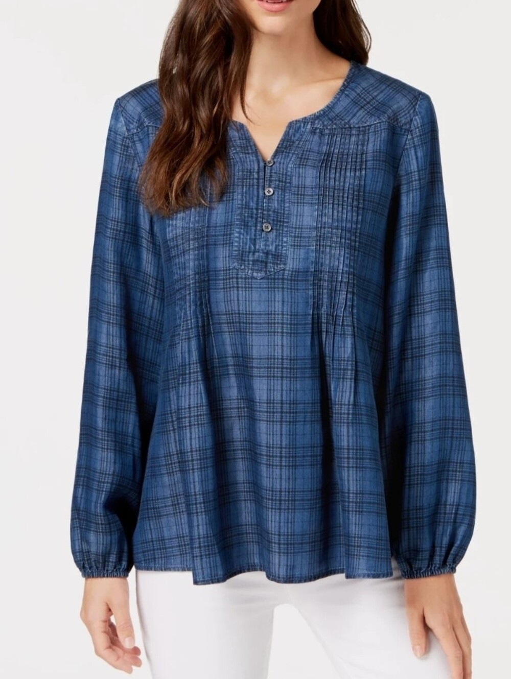 Style & Co. Blue Plaid Pintuck Tunic Top